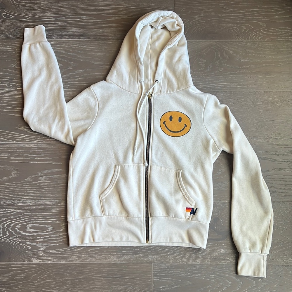 Aviator Nation smiley zip front cream sweatshirt. Size XS